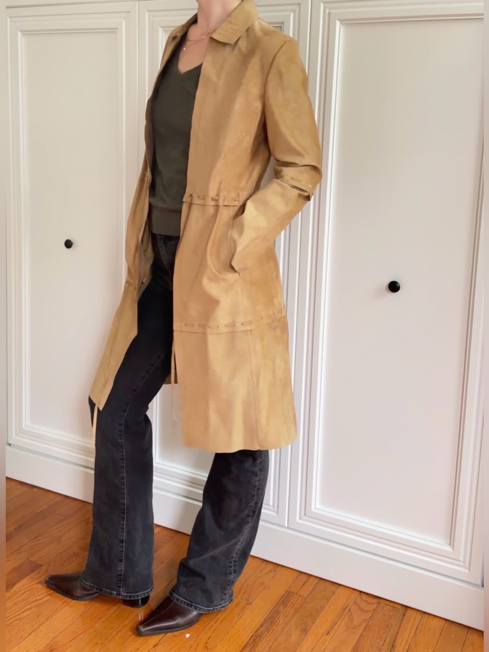 Vintage Y2K Genuine Suede Long Coat Whipstitch Tie Waist Camel Tan Size S